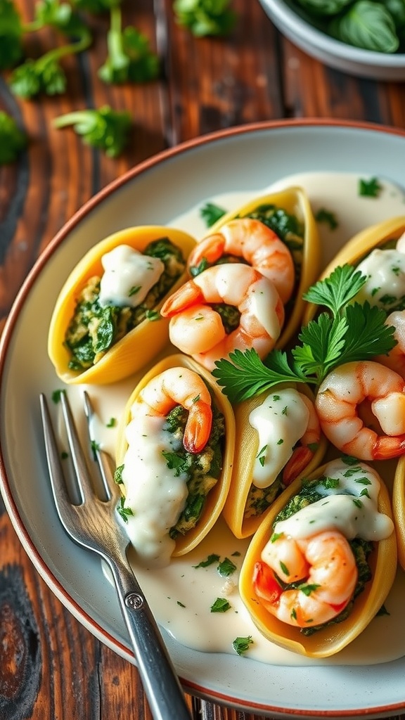 Baked shrimp and spinach stuffed shells topped with creamy sauce and parsley on a rustic table.